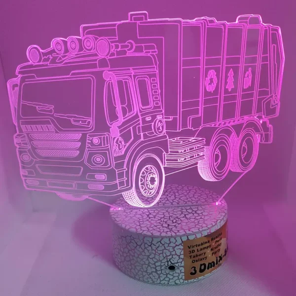 3D LED nocna lampa – Smetiarske auto - cervene