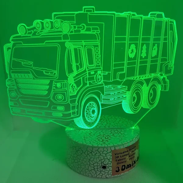 3D LED nocna lampa – Smetiarske auto - zelene